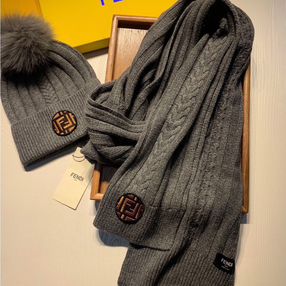 Fendi Charcoal Knit Hat and Scarf Set - Picture 2 of 8